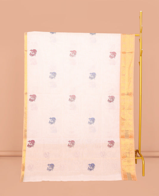 Off-White Venkatagiri Cotton Saree, Crafted with Peacock Buttas and Checks, a Contrast Traditional Zari Border, Pallu of Peacock Buttas and Stripes, and No Blouse