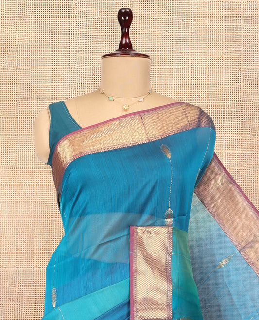 Blue Maheshwari Cotton Saree, Adorned with Zari Stripes, a Contrast Traditional Zari Border, Pallu of Zari Weave, and a Matching Blouse