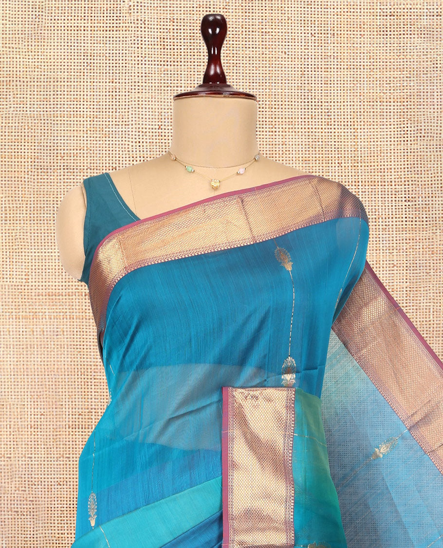 Blue Maheshwari Cotton Saree, Adorned with Zari Stripes, a Contrast Traditional Zari Border, Pallu of Zari Weave, and a Matching Blouse