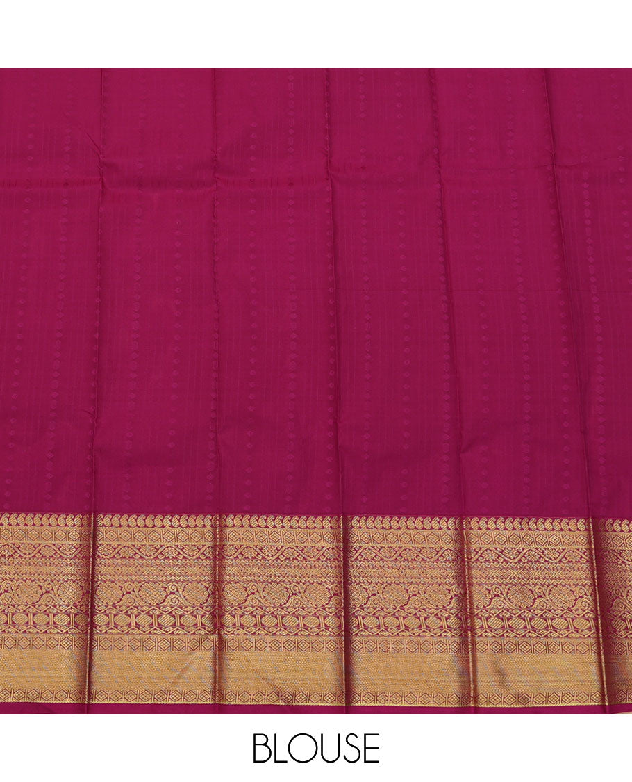 Parrot Green Budget Silk Saree, Detailed with Buttas and Stripes All Over Its Body, Complemented by a Contrast Traditional Zari Design Border, Grand Pallu, and Paired with a Contrast Blouse