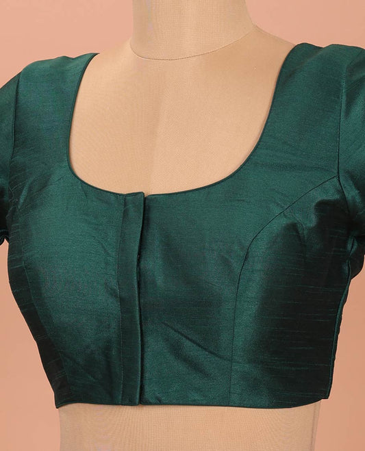 Dark Green Plain Readymade Blouse Featuring a Front Round-Neck, Back Round-Neck, and Elbow Sleeves