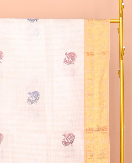 Off-White Venkatagiri Cotton Saree, Crafted with Peacock Buttas and Checks, a Contrast Traditional Zari Border, Pallu of Peacock Buttas and Stripes, and No Blouse