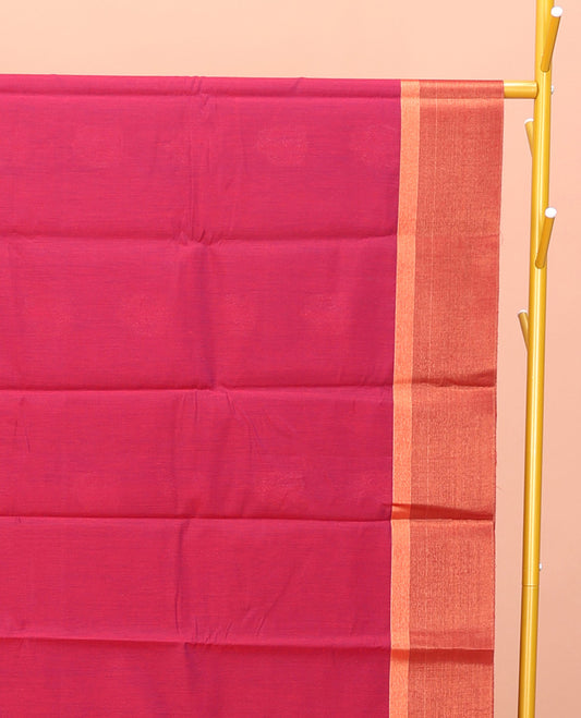 Red Semi-Silk Cotton Saree, Steeped with Zari Buttas on Its Body, Complemented by Contrast Border, Pallu Features Intricate Designs, and Paired with a Matching Blouse