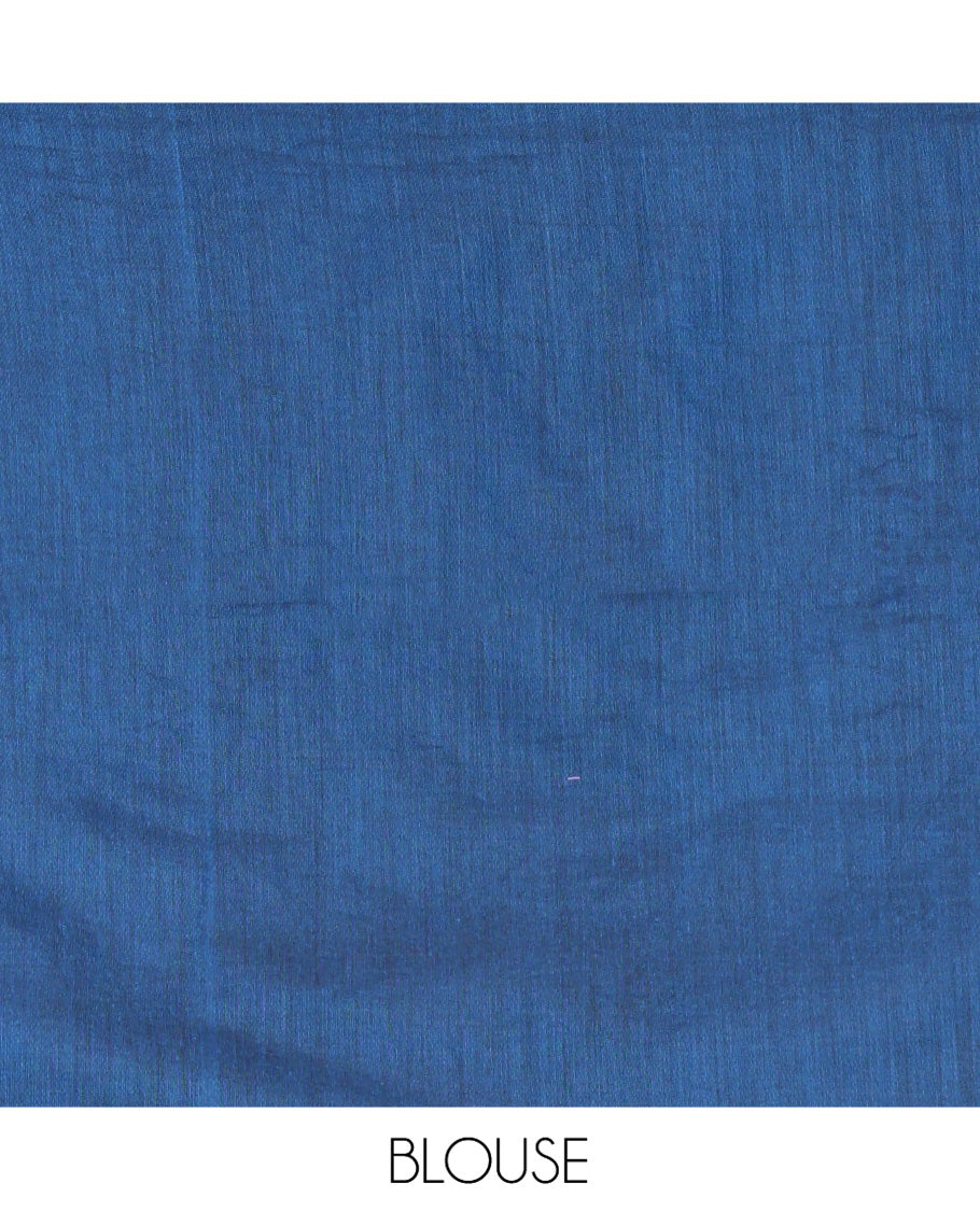 Borderless Blue Khadi Cotton Saree, Delicately Woven with Umbrella Motifs, Thread Embroidered on Its Body, a Self-Pallu, and Paired with a Matching Blouse