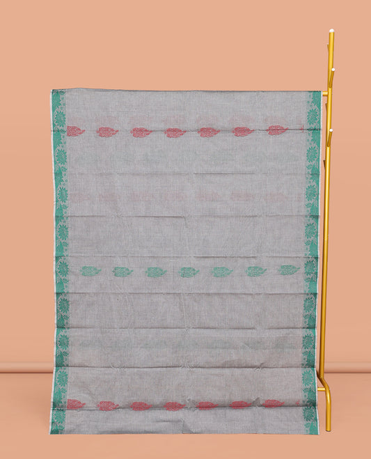 Grey Kanchi Cotton Saree, Steeped with Buttas All Over Its Body, a Subtle Self-Border, Pallu of Floral-Geometric Designs, and Paired with a Matching Blouse