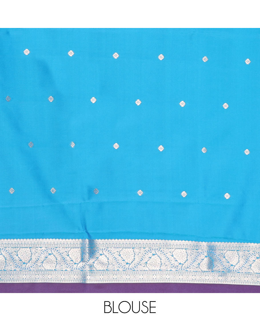 Violet Elite Soft Silk Saree, Enriched with Zari Buttas and Zari Stripes All Over Its Body, Complemented by a Contrast Temple Border of Round Peacock Designs, Rich Pallu of Peacock Chakram Butta Enclosed Checks, and Paired with a Contrast Blouse
