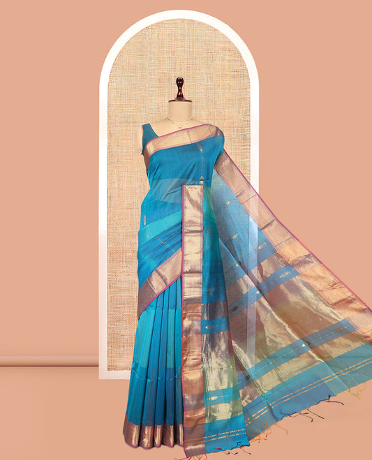 Blue Maheshwari Cotton Saree, Adorned with Zari Stripes, a Contrast Traditional Zari Border, Pallu of Zari Weave, and a Matching Blouse