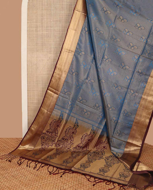 Blue checked, floral motifs soft silk saree with contrast zari design border & floral design pallu