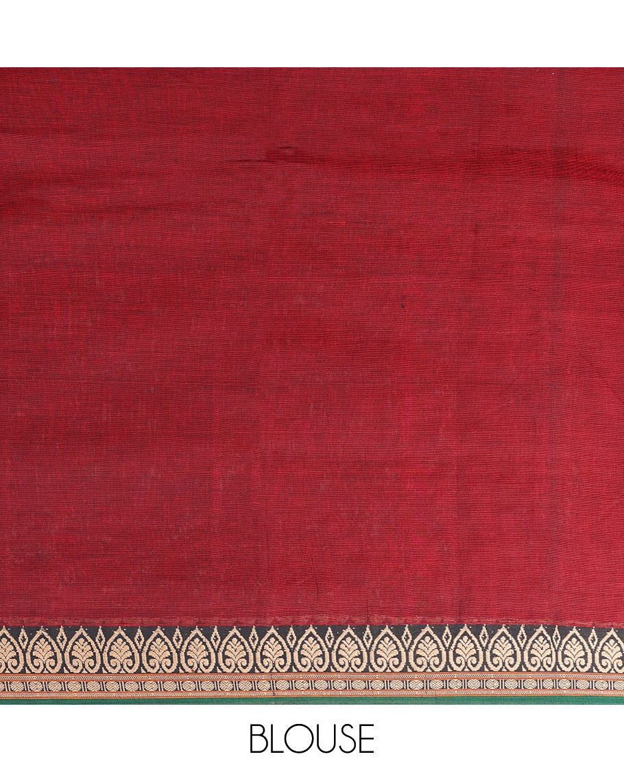Maroon Plain Narayanpet Cotton Saree, Complemented by a Contrast Traditional Motifs Thread Woven Border, Subtly Striped Pallu, and Paired with a Matching Blouse