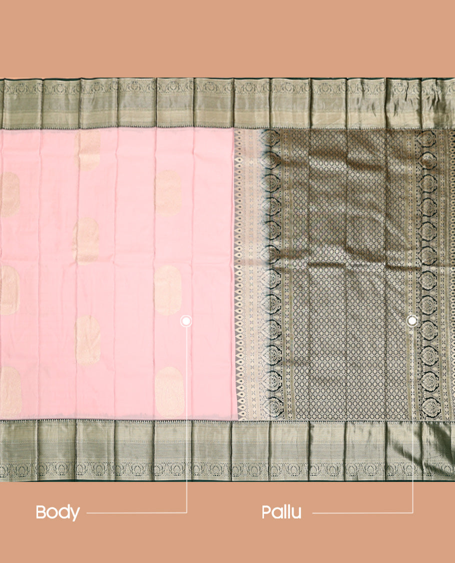 Baby Pink Budget Silk Saree, Sparsely Woven with Zari Buttas, Captivating Contrast Traditional Zari Design Border, Pallu of Intricate Design, and Has a Contrast Blouse