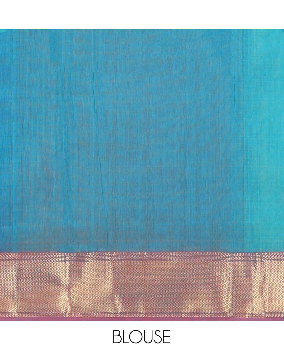 Blue Maheshwari Cotton Saree, Adorned with Zari Stripes, a Contrast Traditional Zari Border, Pallu of Zari Weave, and a Matching Blouse