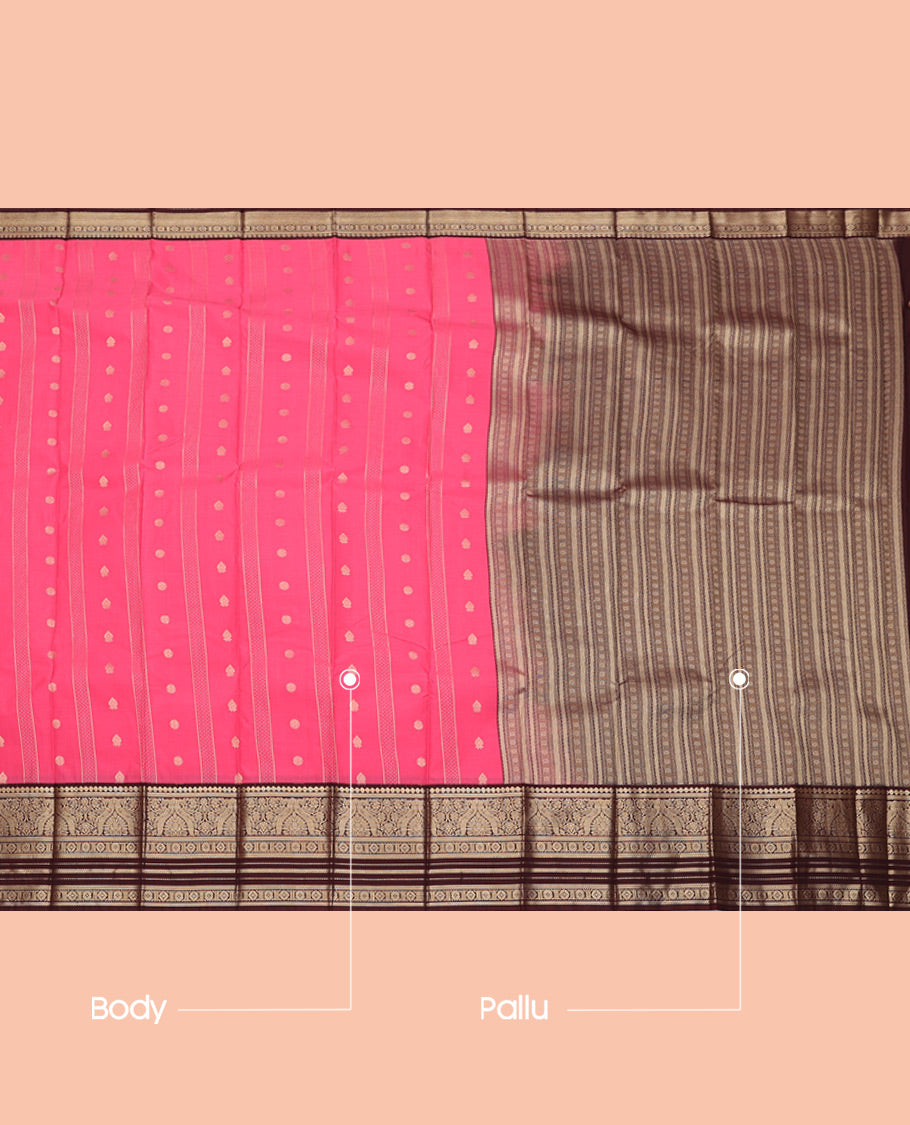 Pink Budget Silk Saree, Detailed with Zari Buttas, Complemented by a Contrast Traditional Zari Design Border, Geometric Pallu, and Contrast Blouse