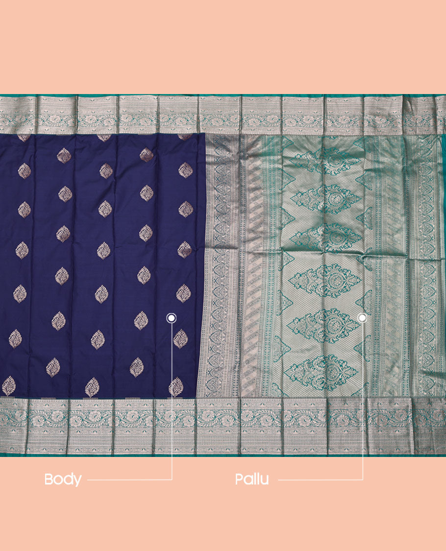 Navy Blue Budget Silk Saree, Showcasing Zari Buttas All Over Its Body, Complemented by a Contrast Traditional Zari Design Border, Intricately Designed Pallu, and Paired with a Contrast Blouse