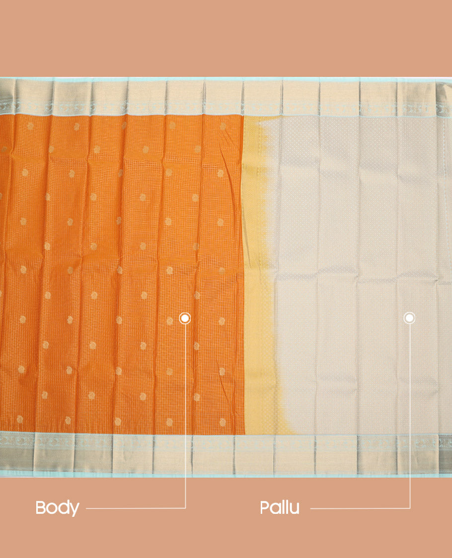 Orange Budget Silk Saree, Richly Detailed with Zari Buttas and Checks, Complemented by a Contrast Traditional Zari Border, Jaal Pallu, and a Contrast Blouse
