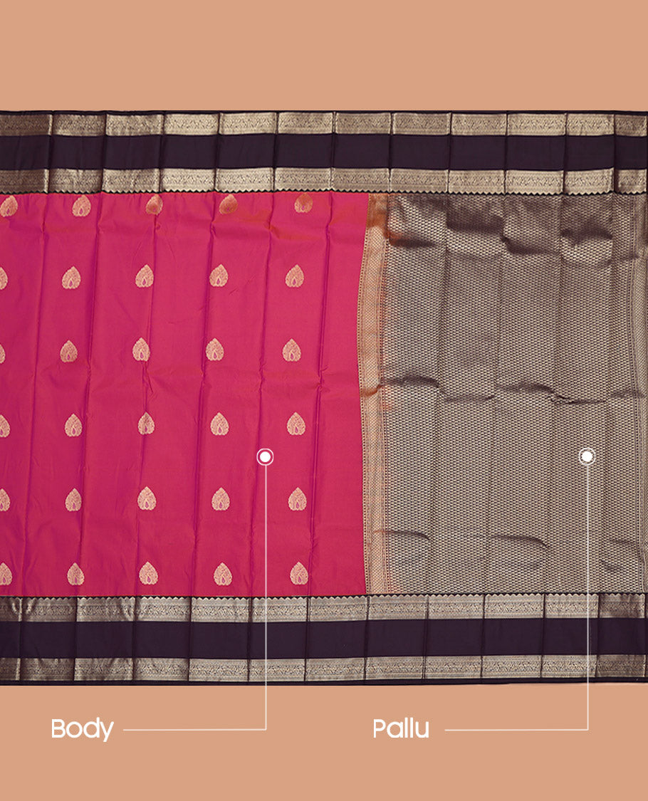 Magenta Budget Silk Saree, Decked Up with Zari Buttas on Its Body, Complemented by a Contrast Traditional Zari Design  Rettai Pettu Border, Grand Jaal Pallu, and Paired with a Contrast Blouse