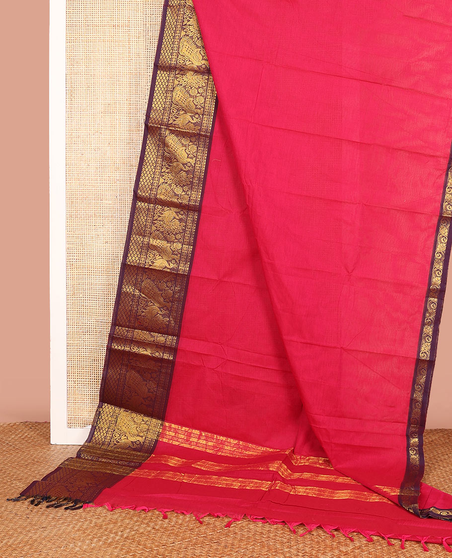 Red Plain Chettinad Cotton Saree, Beautified with Captivating Contrast Traditional Zari Border of Peacock Designs, and a Pallu of Zari Stripes