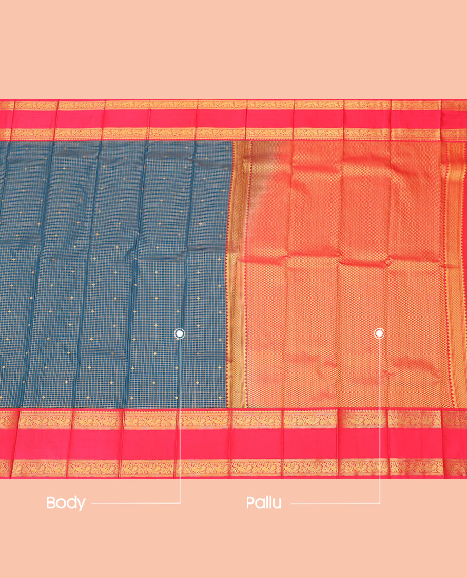 Blue Budget Silk Saree, Delicately Woven with Zari Buttas and Checks, Contrast Traditional Zari Rettai Pettu Border, Grand Jaal Pallu, and a Contrast Blouse