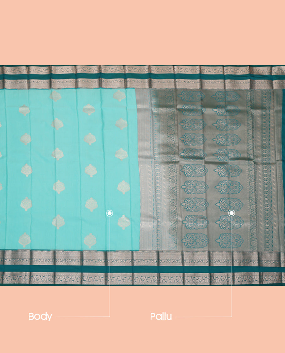 Blue Budget Silk Saree, Sparsely Woven with Zari Buttas, Complemented by a Contrast Traditional Zari Border, Grand Pallu, and a Contrast Blouse
