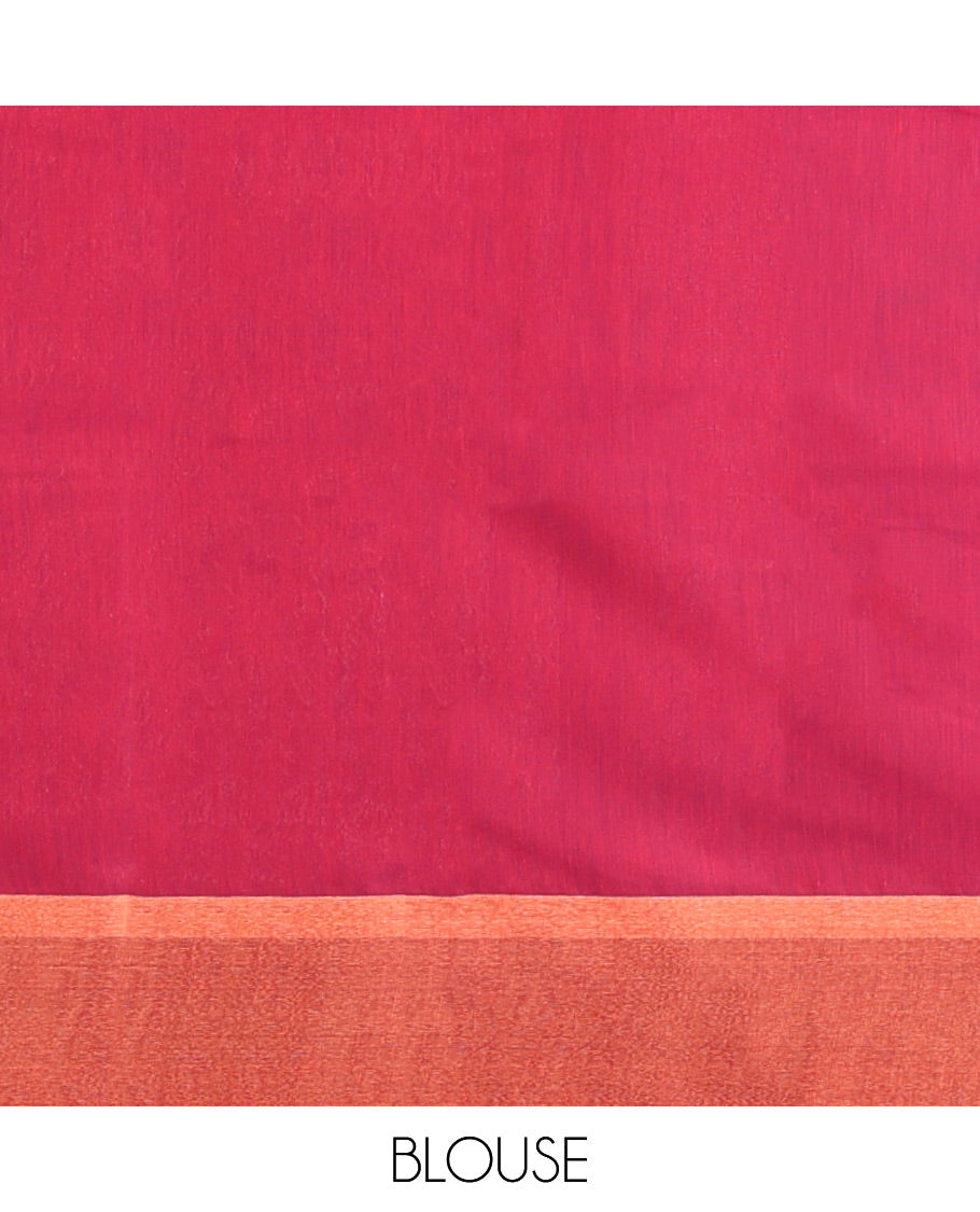 Red Semi-Silk Cotton Saree, Steeped with Zari Buttas on Its Body, Complemented by Contrast Border, Pallu Features Intricate Designs, and Paired with a Matching Blouse