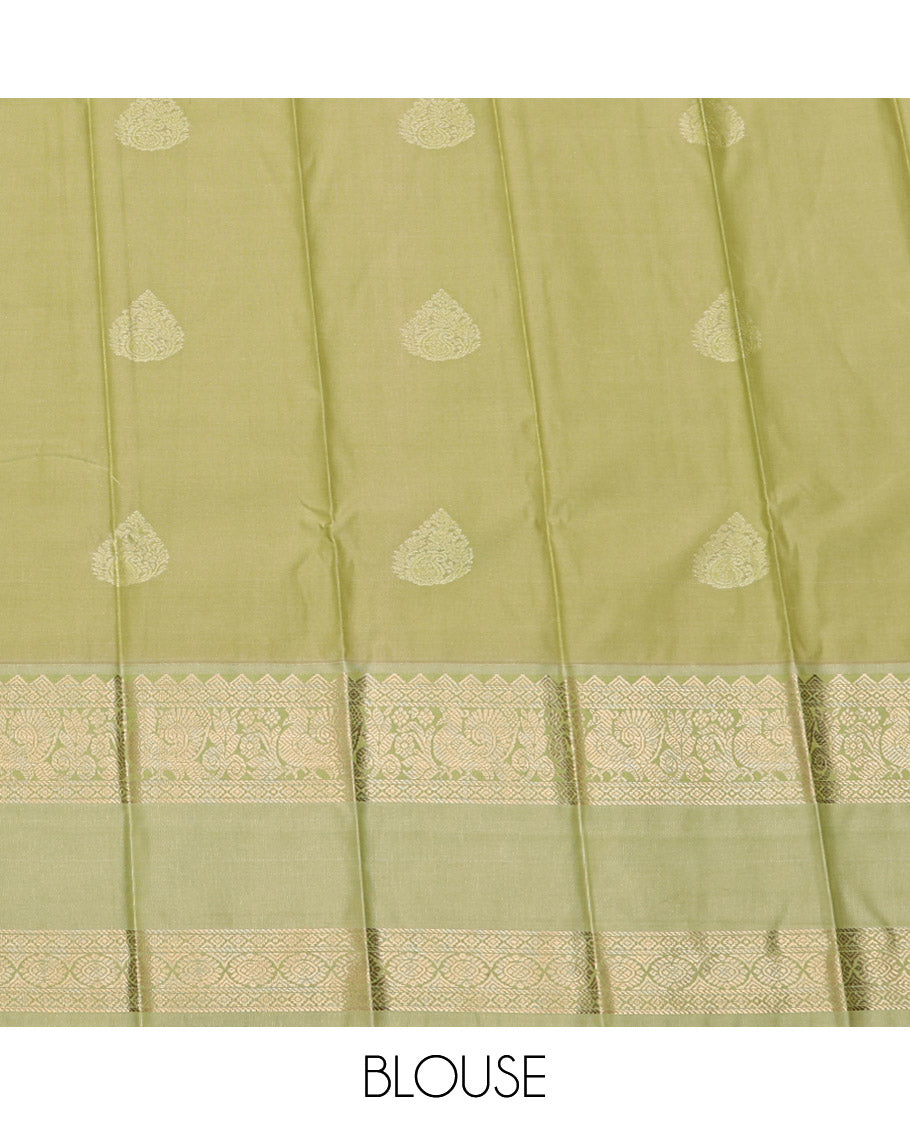 Red Budget Silk Saree, Richly Detailed with Zari Buttas All Over Its Body, Complemented by a Contrast Traditional Zari Design Rettai Pettu Border, Gleaming Zari-Woven Jaal Pallu, and Paired with a Contrast Blouse