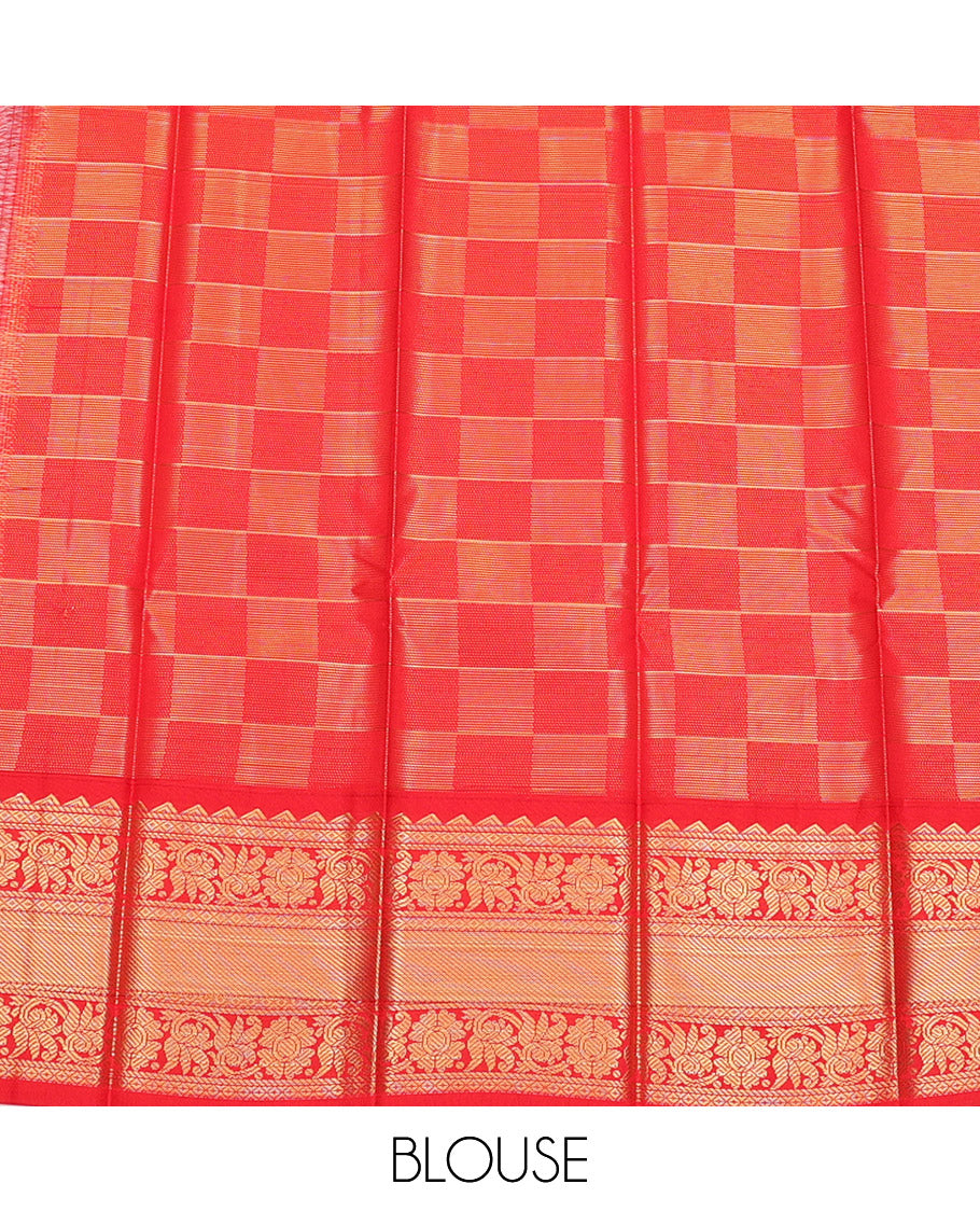 Blue Budget Silk Saree, Richly Detailed with Buttas Enclosed Checks, Complemented by a Contrast Traditional Zari Border, Grand Pallu, and a Contrast Blouse