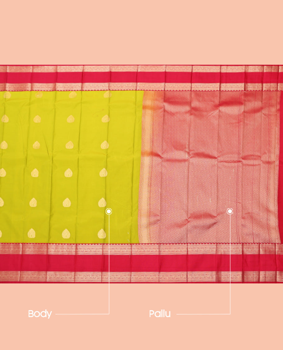 Parrot Green Budget Silk Saree, Gleamed Up with Zari Buttas, a Contrast Traditional Zari Design Rettai Pettu Border, Grand Pallu, and a Contrast Blouse