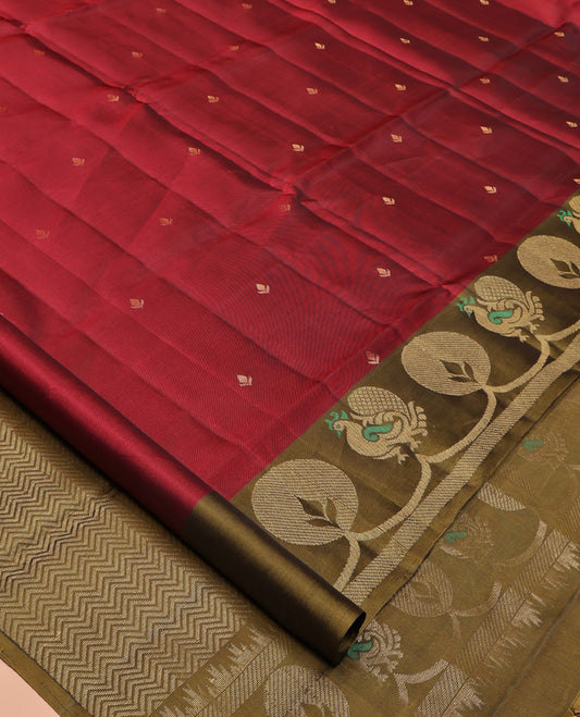 Red Mayuri Lite Silk Mix Saree, Accentuated with Zari Buttas All Over Its Body, Complemented by Contrast Border of Peacock Designs, Contrast Pallu of Vanki Designs, and Paired with a Contrast Blouse
