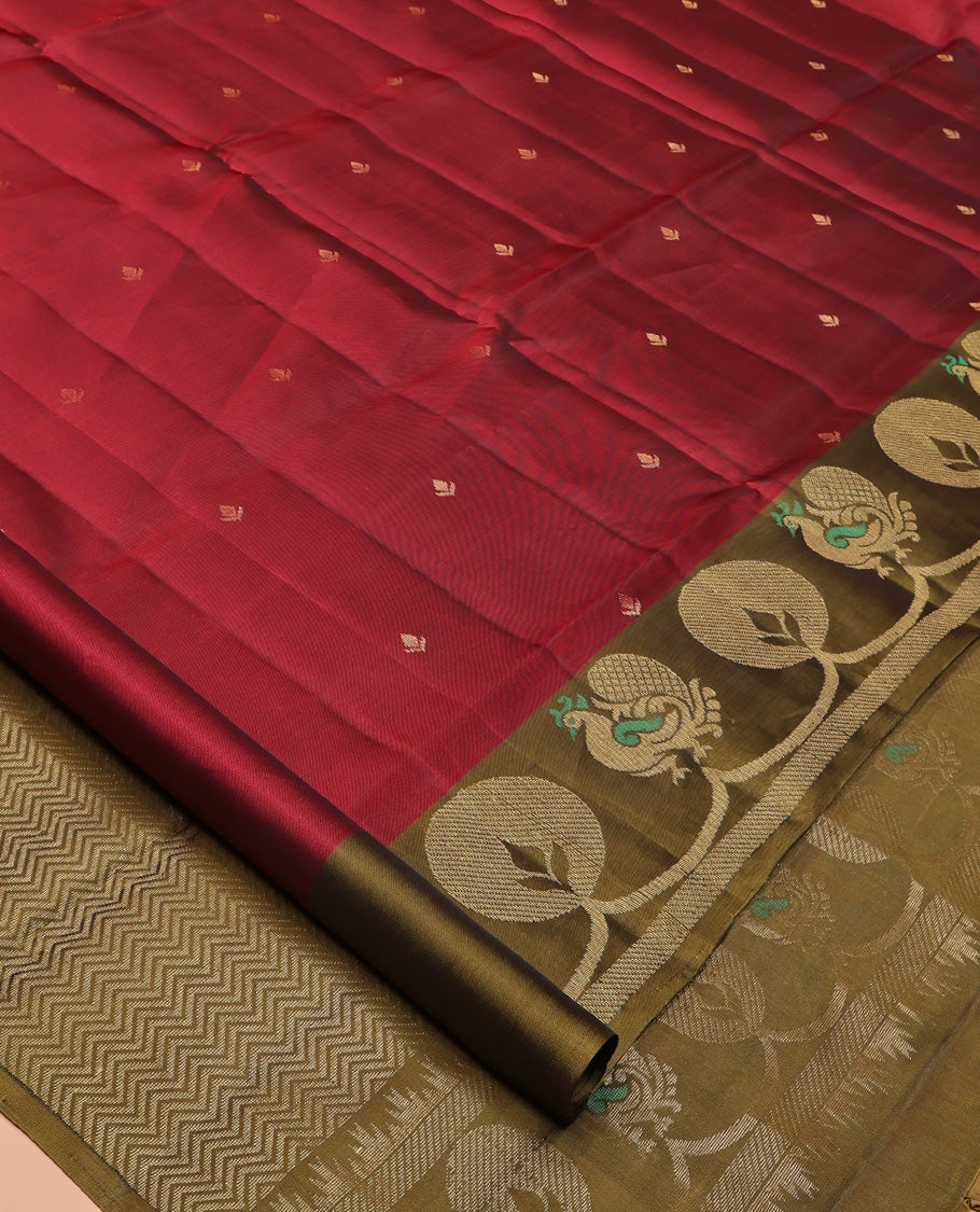 Red Mayuri Lite Silk Mix Saree, Accentuated with Zari Buttas All Over Its Body, Complemented by Contrast Border of Peacock Designs, Contrast Pallu of Vanki Designs, and Paired with a Contrast Blouse