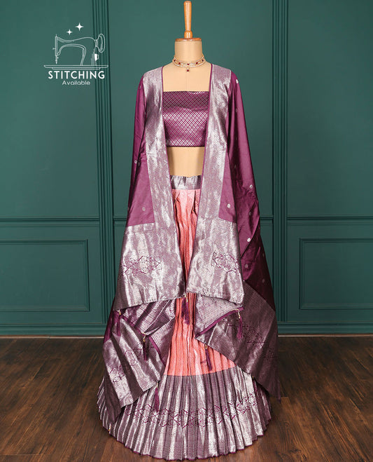 Pink jacquard art-silk half-saree, contrast traditional zari design border, jacquard blouse & intricate dupatta