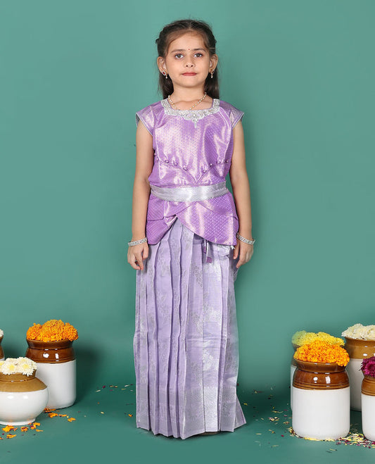 Lavender readymade art silk pavadai set, jacquard with traditional zari border skirt, and jacquard embroidered half saree blouse with belt