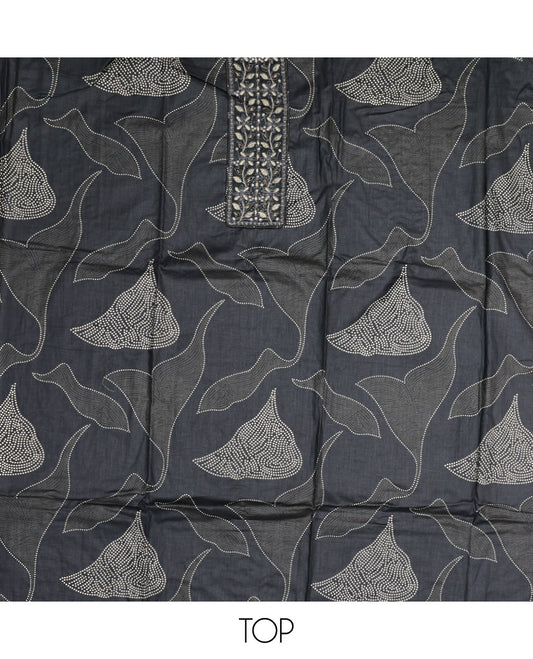 Grey Material Chudidar Set, Detailed with Abstract Print and Neck Embroidered Cotton Top, a Printed Cotton Bottom, and Paired with a Ikkat-Style Geometric Printed Cotton Dupatta