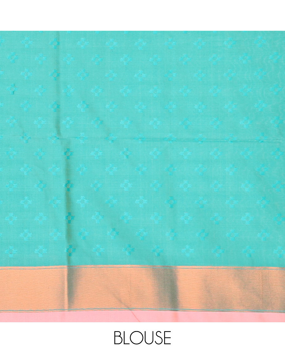Blue floral motifs butter silk saree with contrast zig zag striped border & geometric motifs pallu