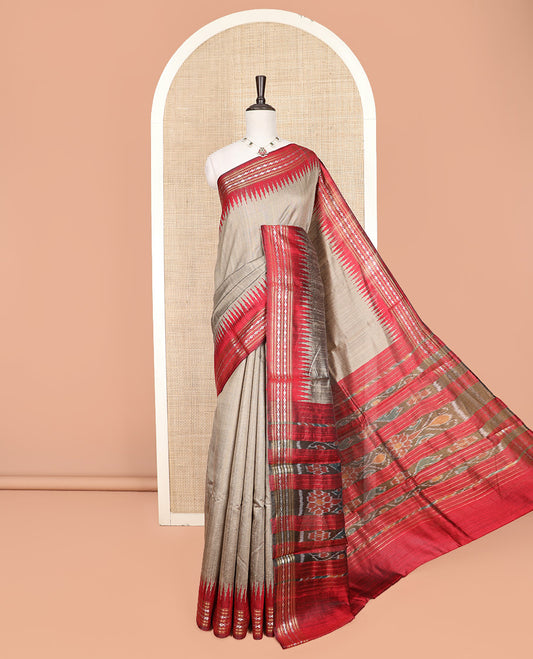 Grey Plain Dupion Silk Saree, Captivating Contrast Temple Border of Geometric Thread Designs, Pallu of Ikkat-Style Floral Designs, and Paired with a Contrast Blouse