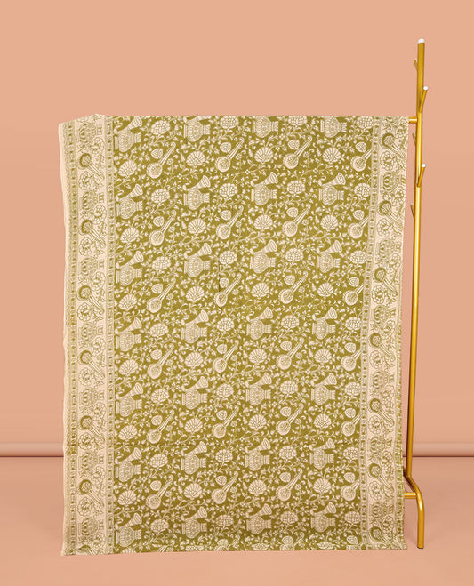 Green Machine-Printed Kalamkari Cotton Saree, Adorned with Floral and Floral Vase on Its Body, Subtly Printed Border, Pallu of Peacock Print, and Paired with a Printed Blouse