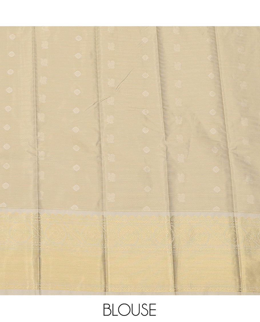 Green Budget Silk Saree, Accentuated with Peacock Buttas and Stripes, a Contrast Traditional Zari Border, Grand Pallu, and a Contrast Blouse