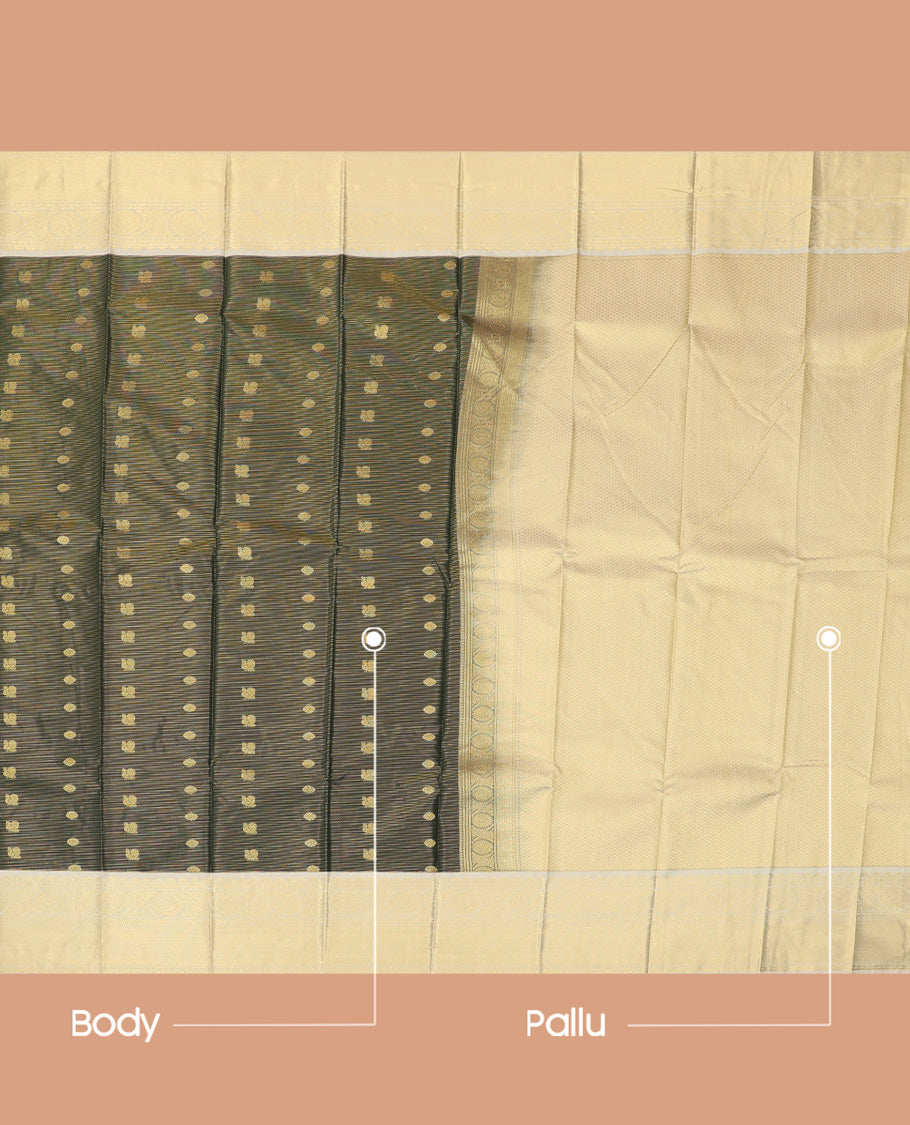 Green Budget Silk Saree, Accentuated with Peacock Buttas and Stripes, a Contrast Traditional Zari Border, Grand Pallu, and a Contrast Blouse