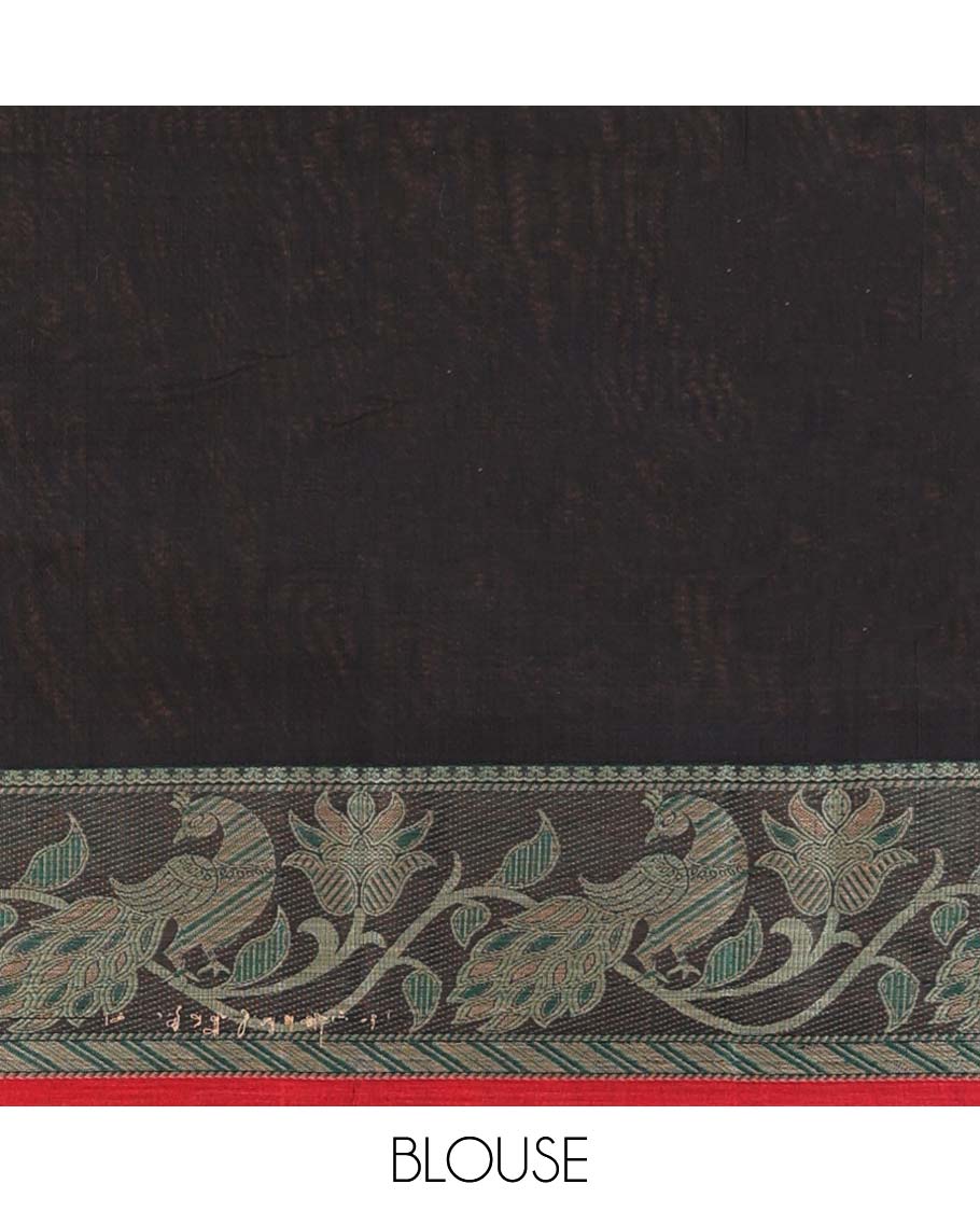 Black plain design Narayanapet cotton saree, contrast ganga jamuna leaf creeper border & striped pallu