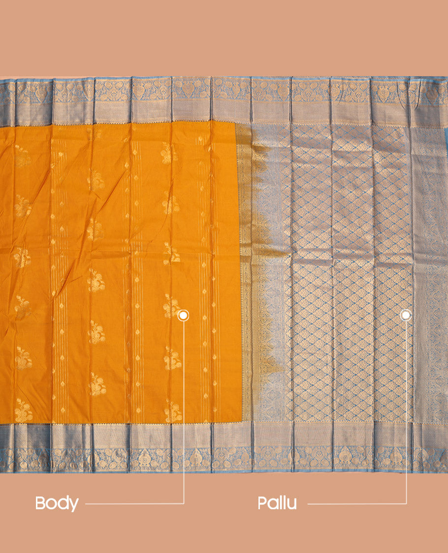 Yellow Budget Silk Saree, Sparsely Woven with Zari Buttas, Complemented by a Contrast Traditional Border, Grand Pallu, and a Contrast Blouse