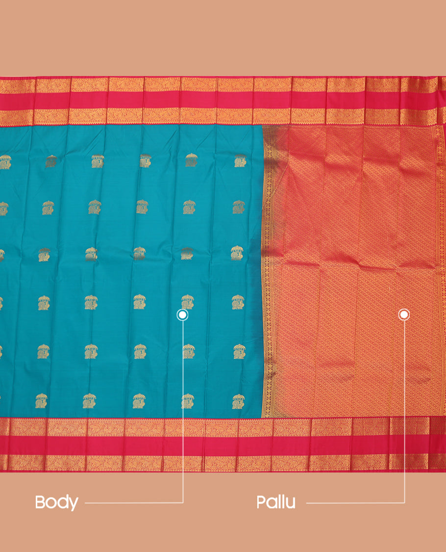 Blue Budget Silk Saree, Bedecked with Peacock Buttas, a Contrast Traditional Zari Rettai Pettu Border, Grand Pallu, and a Contrast Blouse