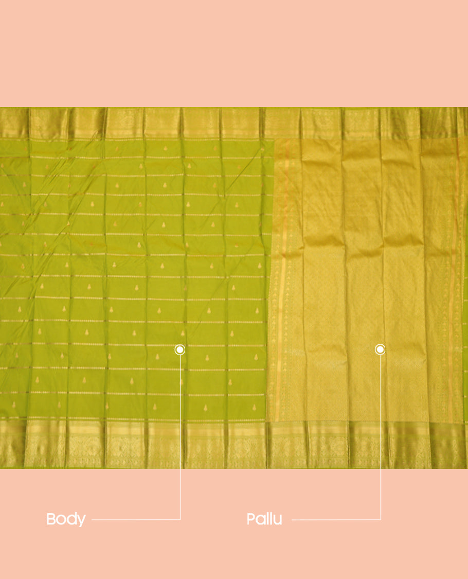 Green Budget Silk Saree, Decked Up with Zari Buttas and Stripes, Complemented by Traditional Zari Border, a Jaal Pallu and a Contrast Blouse