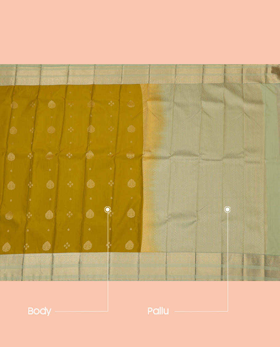 Green Budget Silk Saree Featuring Zari Buttas, a Contrast Traditional Zari Border, Grand Pallu, and a Contrast Blouse