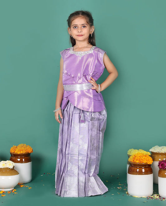 Lavender readymade art silk pavadai set, jacquard with traditional zari border skirt, and jacquard embroidered half saree blouse with belt