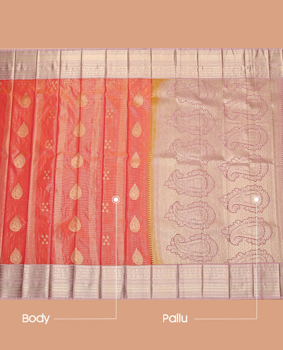 Orange Budget Silk Saree, Gleamed Up with Zari Buttas and Stripes, Contrast Traditional Zari Design Featured Border, Grand Decked-Up Pallu, and a Contrast Blouse