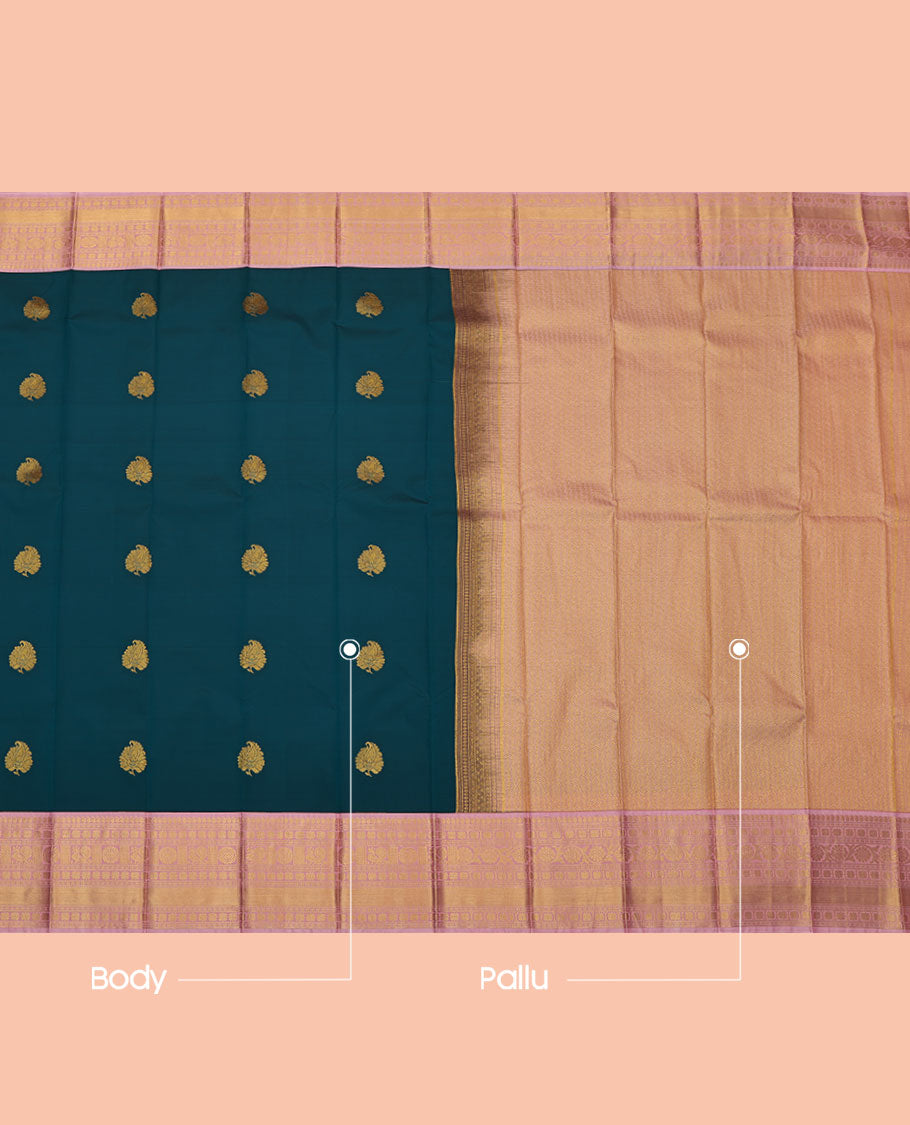 Blue Budget Silk Saree, Detailed with Zari Buttas, Contrast Traditional Zari Design Border, Grand Jaal Pallu, and a Contrast Blouse