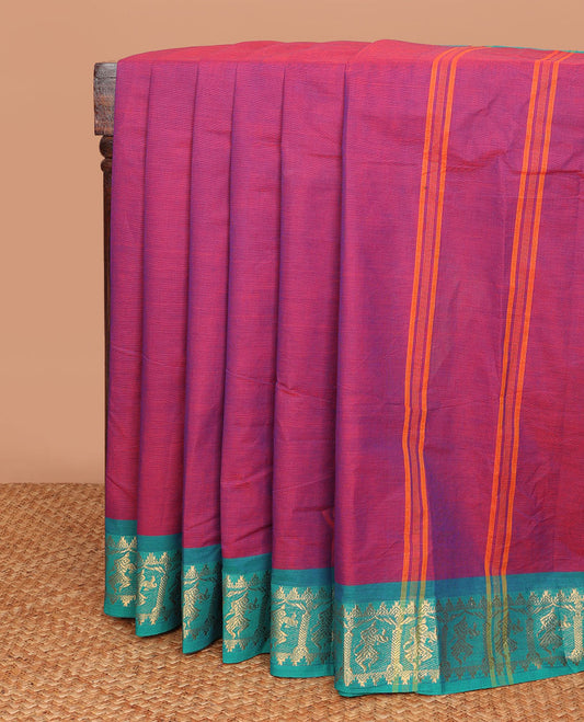 Pink dual-tone plain Chettinad cotton saree, contrast zari temple border of human figurines & orange striped pallu