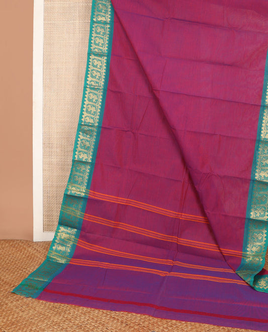 Pink dual-tone plain Chettinad cotton saree, contrast zari temple border of human figurines & orange striped pallu