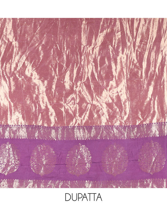 Dark Lavender Mul Chanderi Material Chudidar Set, Delicately Woven with Pom-Pom Neckline on Its Top, a Plain Bottom, and Paired with a Banaras Tissue Zari Decked Up Dupatta