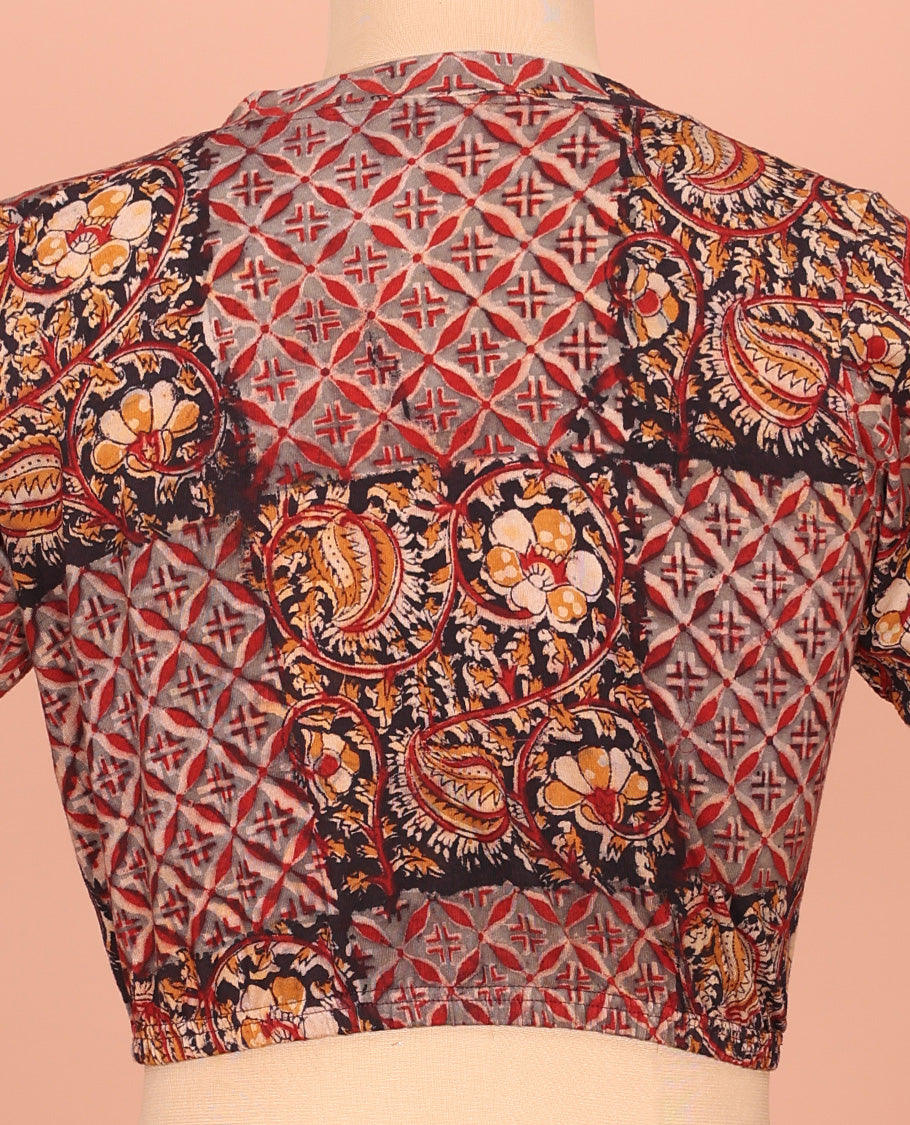 Black and Grey Cotton Readymade Blouse Subtly Sparked with All-Over Floral Vine and Jaal Motifs Print, Featuring a Front V-Neck, a Closed Back Neck, and Elbow Sleeves