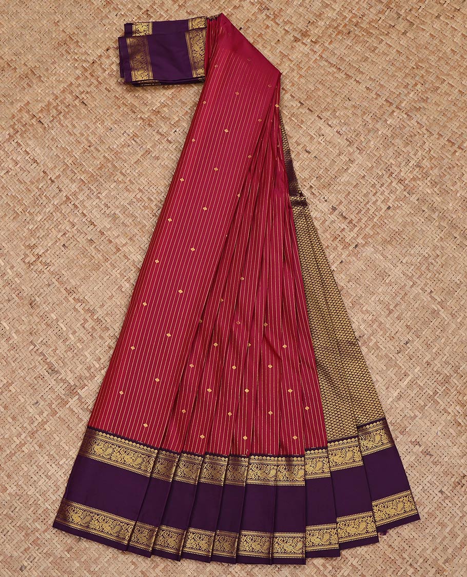 Red Budget Silk Saree, Bedecked with Zari Buttas and Stripes on Its Body, Complemented by a Contrast Traditional Zari Design Rettai Pettu Border, Grand Jaal Pallu, and Paired with a Contrast Blouse