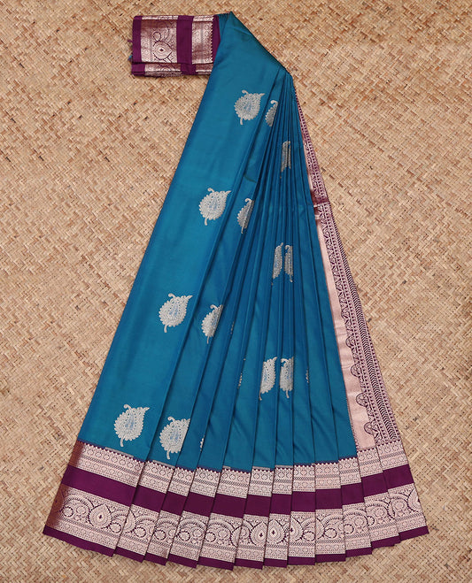 Blue Budget Silk Saree, Featuring Zari Buttas All Over Its Body, Complemented by a Contrast Traditional Zari Design Border, Intricately Designed Pallu, and Paired with a Contrast Blouse